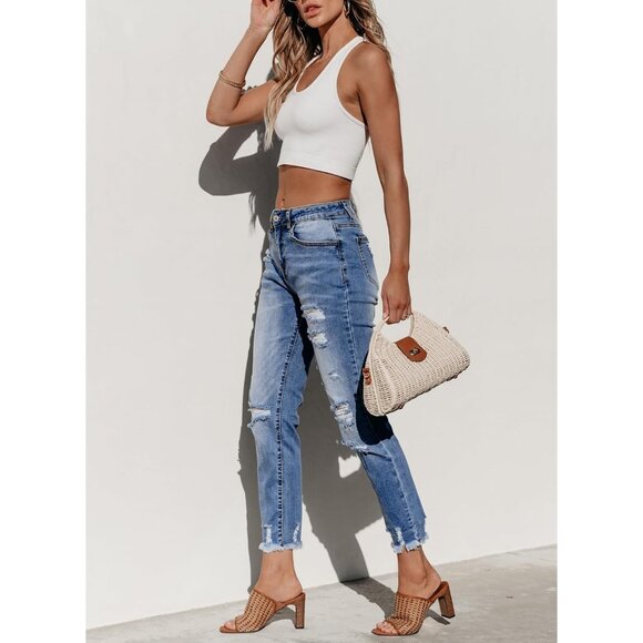 Women's Distressed Straight Leg Boyfriend Jeans Denim Spring Summer - Picture 4 of 6